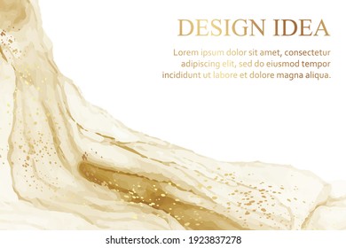 Modern abstract luxury background design or card template for birthday greeting or wallpaper or poster with yellow watercolor wave or fluid art in alcohol ink style with golden splashes on a white.