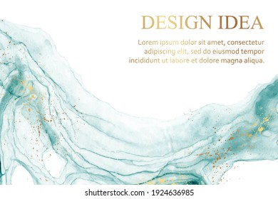 Modern abstract luxury background design or card template for birthday greeting or wallpaper or poster with blue watercolor waves or fluid art in alcohol ink style with golden glitter on a white.