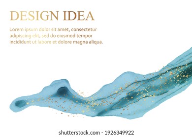 Modern abstract luxury background design or card template for birthday greeting or wallpaper or poster with blue watercolor wave or fluid art in alcohol ink style with golden glitter on a white.