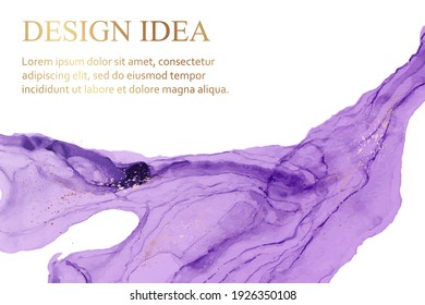 Modern abstract luxury background design or card template for birthday greeting or wallpaper or poster with purple watercolor wave or fluid art in alcohol ink style with rose gold glitter on a white.