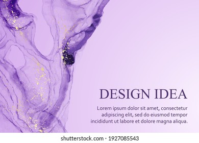 Modern abstract luxury background design or card template for birthday greeting or wallpaper or poster with purple watercolor waves or fluid art in alcohol ink style with golden glitter.