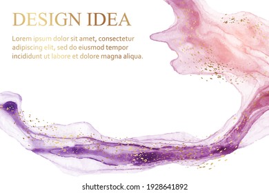 Moderno diseño abstracto de fondo de lujo o plantilla de tarjeta para el saludo de cumpleaños o papel pintado o afiche con mancha de color morado o arte fluido en el estilo de tinta de alcohol con brillo dorado en un blanco.