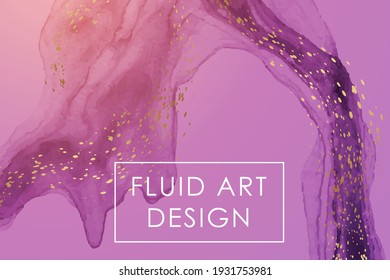 Modern abstract luxury background design or card template for birthday greeting or wallpaper or poster with pink watercolor waves or fluid art in alcohol ink style with golden splashes.