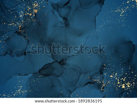 Modern abstract luxury background design or card template for birthday greeting or wallpaper or poster with navy blue watercolor stains or fluid art in alcohol ink style with golden glitter.