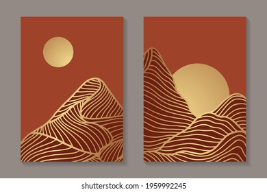 Modern abstract luxury background or elegant card design with golden mountains and sun with red sky or sunset. 