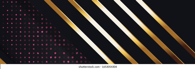 Modern abstract luxury background gold and black banner color design. Elegant golden lines with red glitter elements combinations in glowing vector art template