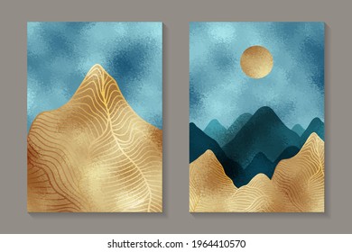 Modern abstract luxury backgrounds or elegant card designs with golden mountains and sun in the blue sky.