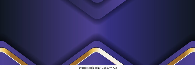 Moderno y abstracto diseño de fondo dorado y color violeta con espacio. Bandas doradas brillantes con combinaciones de elementos de flecha creativas en la plantilla de banner vectorial
