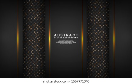 Modern abstract luxury black background overlap layer on dark space with metallic lines combinations for use element poster, brochure, and flyer. Texture with golden glitters dots element decoration.