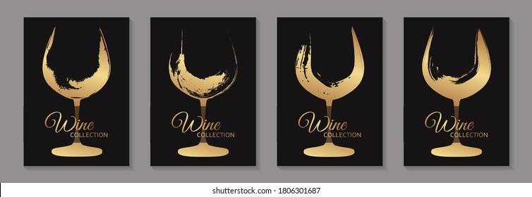 Modern abstract luxury card templates for wine tasting invitation or poster or banner or presentation with golden glasses in grunge style on a black background.