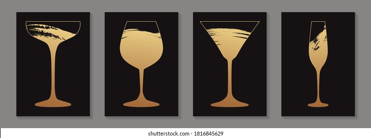 Modern abstract luxury card templates for wine tasting invitation or bar and restaurant menu or banner or presentation with golden glasses in grunge style on a black background.