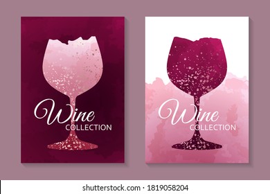 Modern abstract luxury card templates for wine tasting invitation or bar and restaurant menu or banner or presentation with red and pink drinking glasses in watercolor style with rose gold glitter.