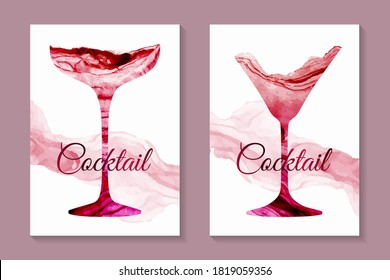 Modern abstract luxury card templates for wine tasting invitation or bar and restaurant menu or banner or presentation with red cocktail glasses in watercolor or marble texture on a white background.