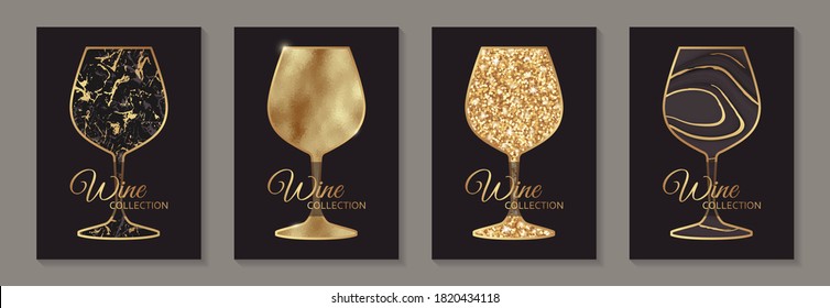 Modern abstract luxury card templates for wine tasting invitation or bar and restaurant menu or banner or logo with golden glasses in marble and glitter texture on a black background.