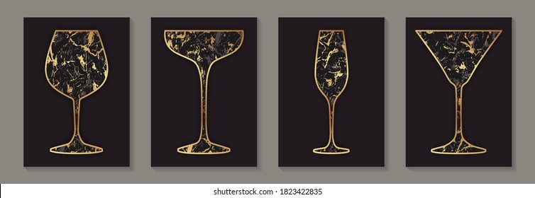 Modern abstract luxury card templates for wine or cocktails tasting invitation or bar and restaurant menu or banner or logo with golden glasses with marble texture on a black background.