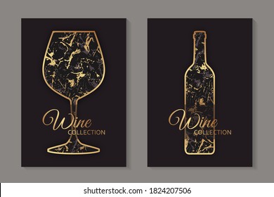 Modern abstract luxury card templates for wine tasting invitation or bar and restaurant menu or banner or logo with golden glasses and marble texture on a black background.