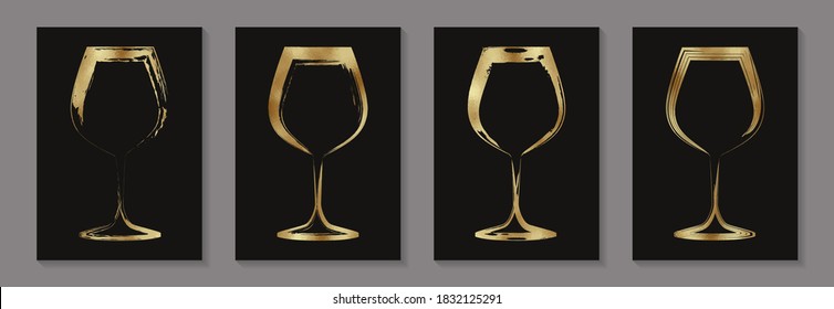 Modern abstract luxury card templates for wine tasting invitation or poster or banner or bar menu with golden glasses in grunge style on a black background.