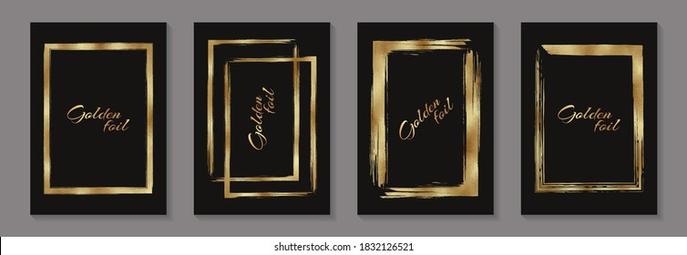 Modern abstract luxury card templates for wedding or birthday greeting or poster or banner or flyer with golden frames in grunge style on a black background.