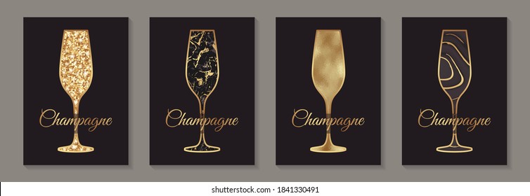 Modern abstract luxury card templates for sparkling wine tasting invitation or bar and restaurant menu or banner or logo with golden glittern and marble champagne glasses on a black background.