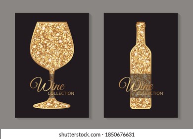 Modern abstract luxury card templates for wine tasting invitation or bar and restaurant menu or banner or logo with golden glittering glass and bottle on a black background.