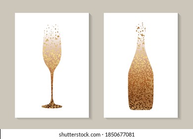 Modern abstract luxury card templates for champagne tasting invitation or bar and restaurant menu or banner or logo with golden glittering glass and bottle on a white background.