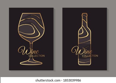 Modern abstract luxury card templates for wine tasting invitation or bar and restaurant menu or banner or logo with  glass and bottle with liquid marble texture and golden waves on a black background.