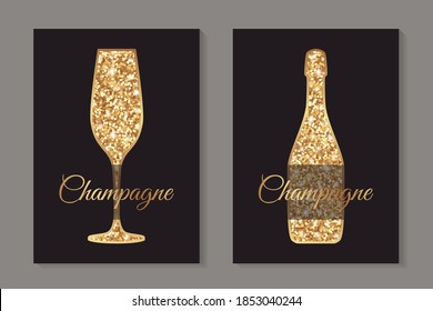 Modern abstract luxury card templates for champagne tasting invitation or bar and restaurant menu or banner or logo with  golden glitter glass and bottle on a black background.