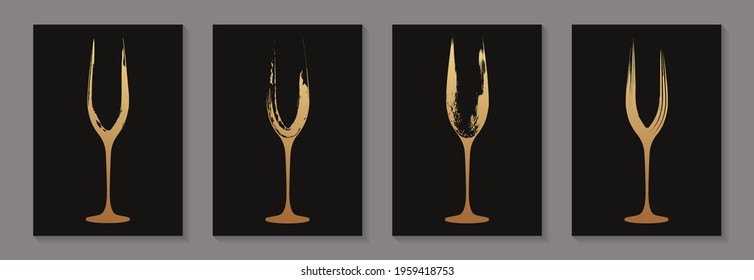 Modern abstract luxury card templates for champagne tasting invitation or bar and restaurant menu or banner or logo with golden glasses in grunge style on a black background.