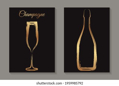 Modern abstract luxury card templates for champagne tasting invitation or bar and restaurant menu, banner or logo with golden champagne drinking glass and bottle in grunge style on a black background.