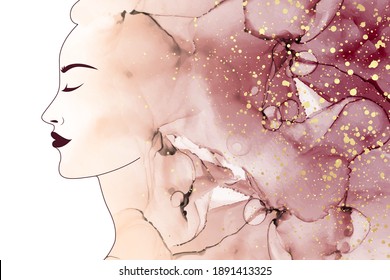 Modern abstract luxury design for beauty salon with woman face and pink watercolor waves or fluid art in alcohol ink style with golden glitter.