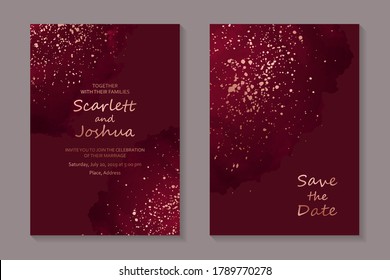 Modern abstract luxury wedding invitation design or card templates for birthday greeting or certificate or cover with red watercolor spots and rose gold powder or paint splashes.