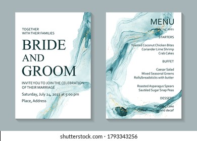 Modern abstract luxury wedding invitation design or card templates for birthday greeting or certificate or cover with blue watercolor waves and golden paint splashes on a white background.