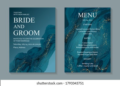 Modern abstract luxury wedding invitation design or card templates for birthday greeting or certificate or cover with blue watercolor waves and golden paint splashes on a navy background.