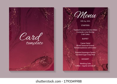 Modern abstract luxury wedding invitation design or card templates for birthday greeting or certificate or cover with red watercolor waves and copper paint splashes on a crimson background.