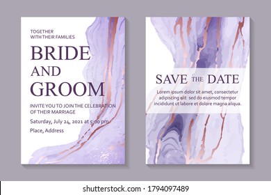 Modern abstract luxury wedding invitation design or card templates for birthday greeting or certificate or cover with purple liquid marble and rose gold streaks on a white background.