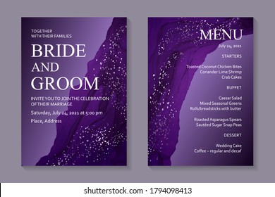 Modern abstract luxury wedding invitation design or card templates for birthday greeting or certificate or cover with purple liquid marble or fluid art and metallic splashes in alcohol ink style.