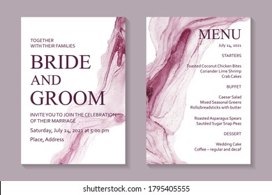 Modern abstract luxury wedding invitation design or card templates for birthday greeting or certificate or cover with pink paint watercolor waves or fluid art in alcohol ink style on white background.