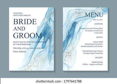 Modern abstract luxury wedding invitation design or card templates for birthday greeting or certificate or cover with blue watercolor waves or fluid art on a white background.