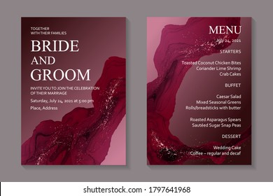 Modern abstract luxury wedding invitation design or card templates for birthday greeting or certificate or cover with red watercolor waves or fluid art in alcohol ink style.