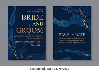 Modern abstract luxury wedding invitation design or card templates for birthday greeting or certificate or cover with navy blue watercolor waves or fluid art in alcohol ink style with gold.