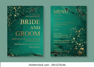 Modern abstract luxury wedding invitation design or card templates for birthday greeting or certificate or cover with green watercolor waves or fluid art in alcohol ink style and gold paint splashes.