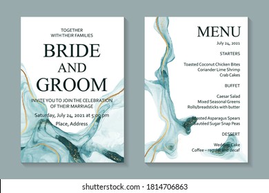 Modern abstract luxury wedding invitation design or card templates for birthday greeting or certificate or cover with turquoise watercolor waves or fluid art in alcohol ink style with gold on a white.