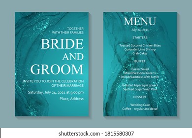 Modern abstract luxury wedding invitation design or card templates for birthday greeting or certificate or cover with turquoise watercolor waves or fluid art in alcohol ink style with metallic splash.