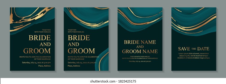 Modern abstract luxury wedding invitation design or card templates for birthday greeting or certificate or cover with turquoise liquid marble waves or fluid art with gold on a green background.