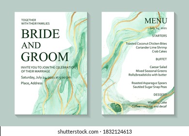 Modern abstract luxury wedding invitation design or card templates for birthday greeting or certificate or cover with mint green watercolor waves or fluid art in alcohol ink style and gold on white.