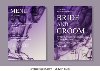 Modern abstract luxury wedding invitation design or card templates for birthday greeting or certificate or cover with purple watercolor paint waves or fluid art in alcohol ink style.