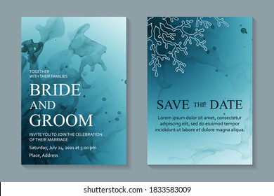 Modern abstract luxury wedding invitation design or card templates for birthday greeting or certificate or cover with navy blue watercolor waves or fluid art in alcohol ink style with corals.