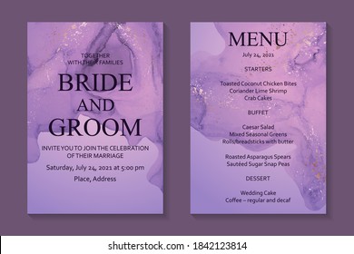 Modern abstract luxury wedding invitation design or card templates for birthday greeting or certificate or cover with purple watercolor waves or fluid art in alcohol ink style with rose gold.