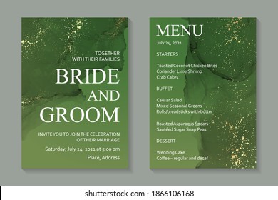 Modern abstract luxury wedding invitation design or card templates for birthday greeting or certificate or cover with green watercolor stains or fluid art in alcohol ink style with golden glitter.