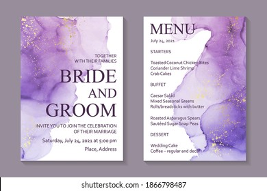 Modern abstract luxury wedding invitation design or card templates for birthday greeting or certificate or cover with purple watercolor waves or fluid art in alcohol ink style with gold on a white.